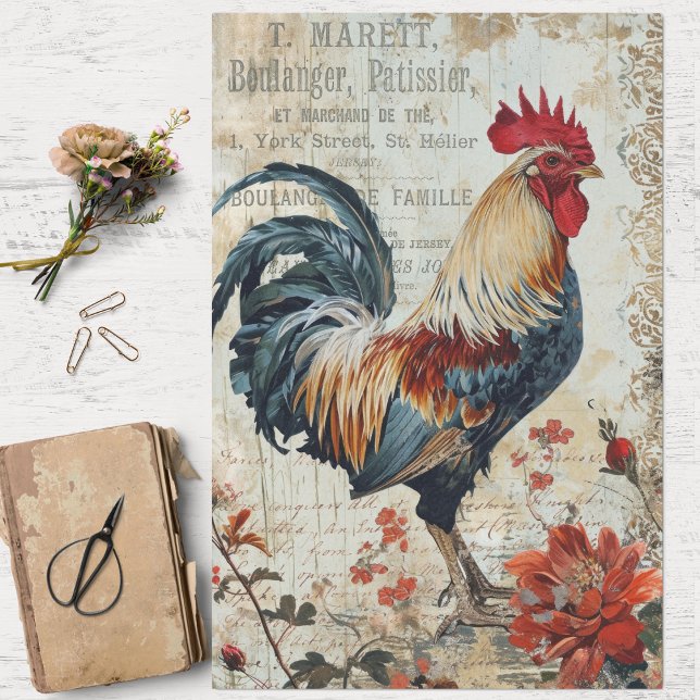 Vintage Rooster, Florals and Ephemera Decoupage Tissue Paper (Charming vintage rooster and ephemera decoupage tissue paper.  )