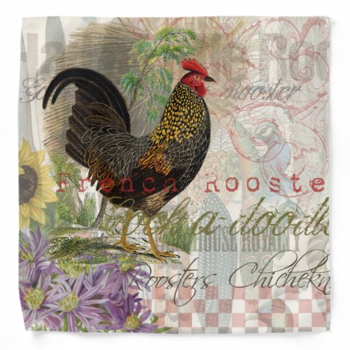 Vintage Rooster French Collage Farm Pet Bandana