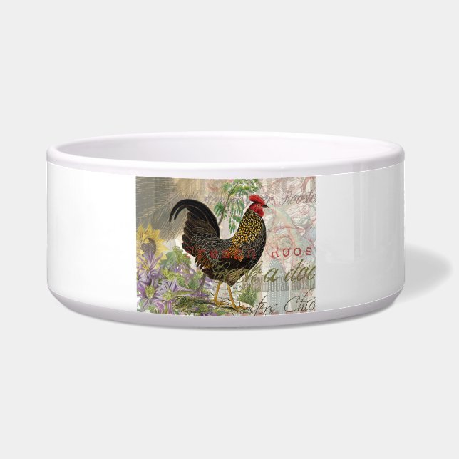 Vintage Rooster French Collage Farm Pet Bowl (Front)