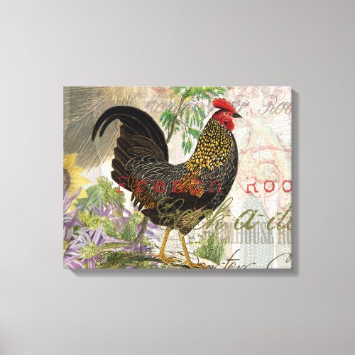 Vintage Rooster French Collage Farm Pet Canvas Print