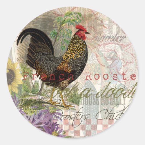 Vintage Rooster French Collage Farm Pet Classic Round Sticker