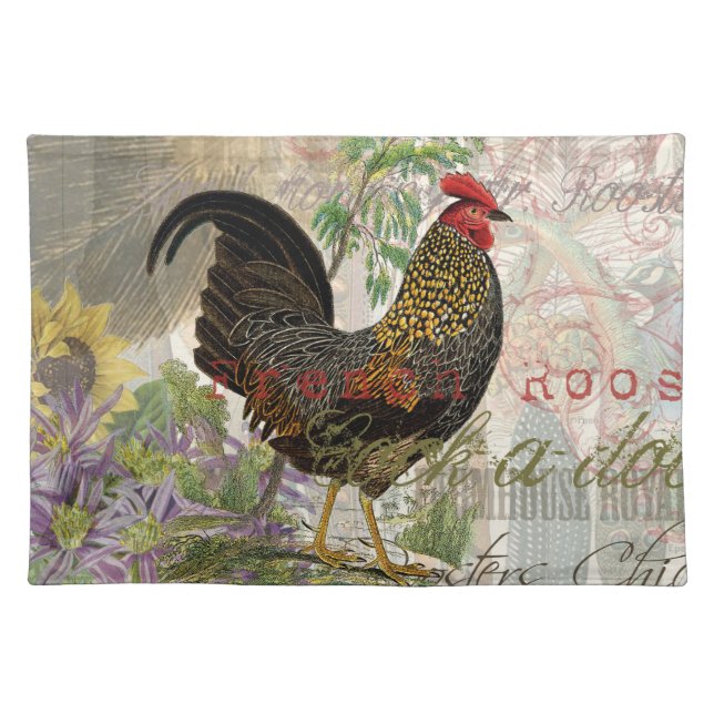 Vintage Rooster French Collage Farm Pet Cloth Placemat (Front)