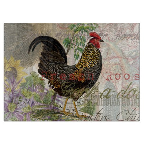 Vintage Rooster French Collage Farm Pet Cutting Board