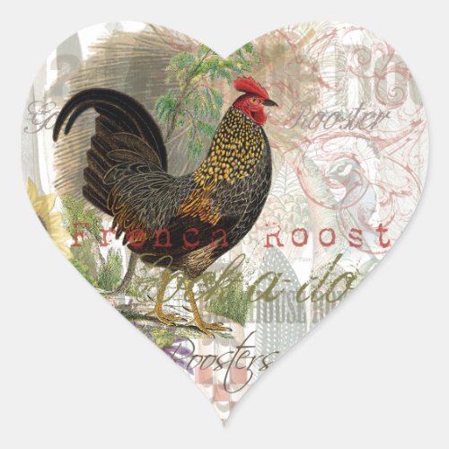 Vintage Rooster French Collage Farm Pet Heart Sticker