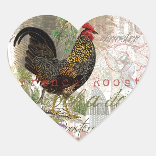 Vintage Rooster French Collage Farm Pet Heart Sticker (Front)