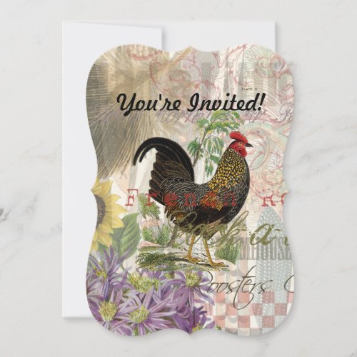 Vintage Rooster French Collage Farm Pet Invitation