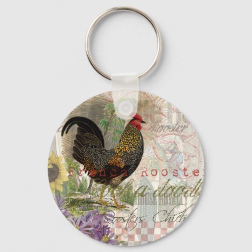 Vintage Rooster French Collage Farm Pet Keychain