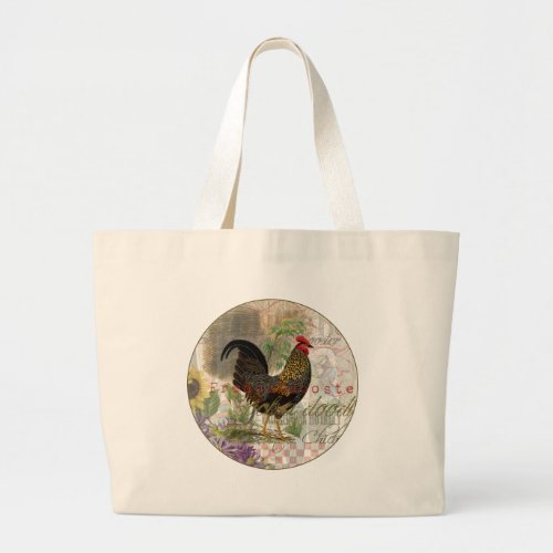Vintage Rooster French Collage Farm Pet Large Tote Bag