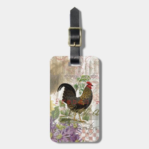 Vintage Rooster French Collage Farm Pet Luggage Tag