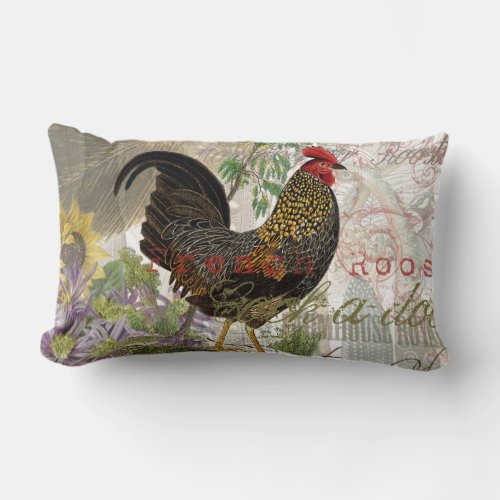 Vintage Rooster French Collage Farm Pet Lumbar Pillow