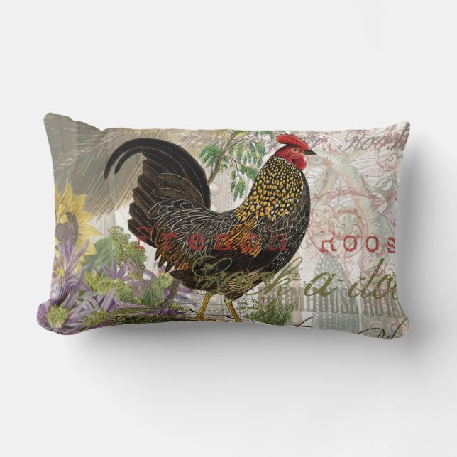 Vintage Rooster French Collage Farm Pet Lumbar Pillow (Front)