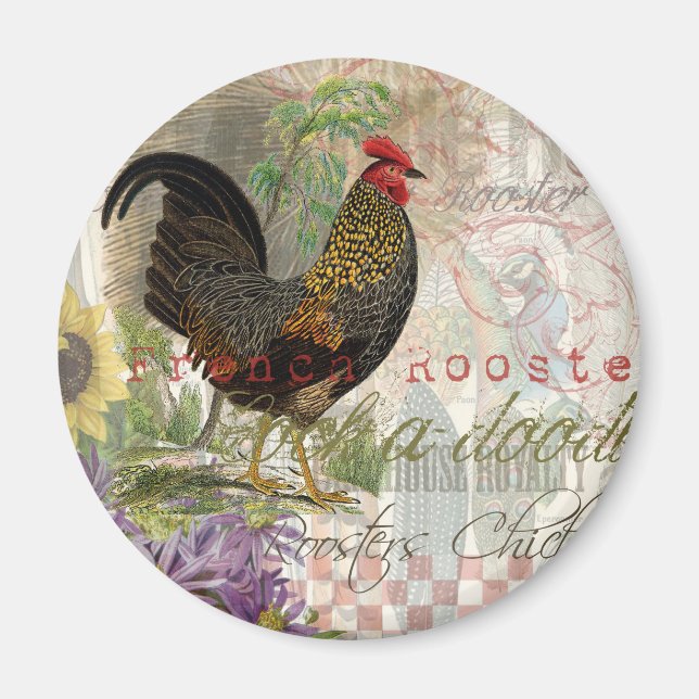 Vintage Rooster French Collage Farm Pet Magnet (Front)