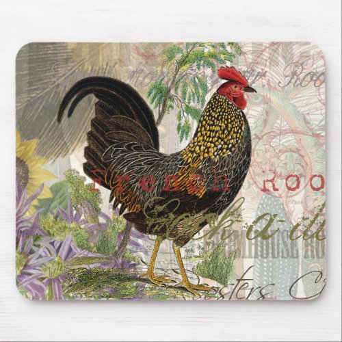 Vintage Rooster French Collage Farm Pet Mouse Pad