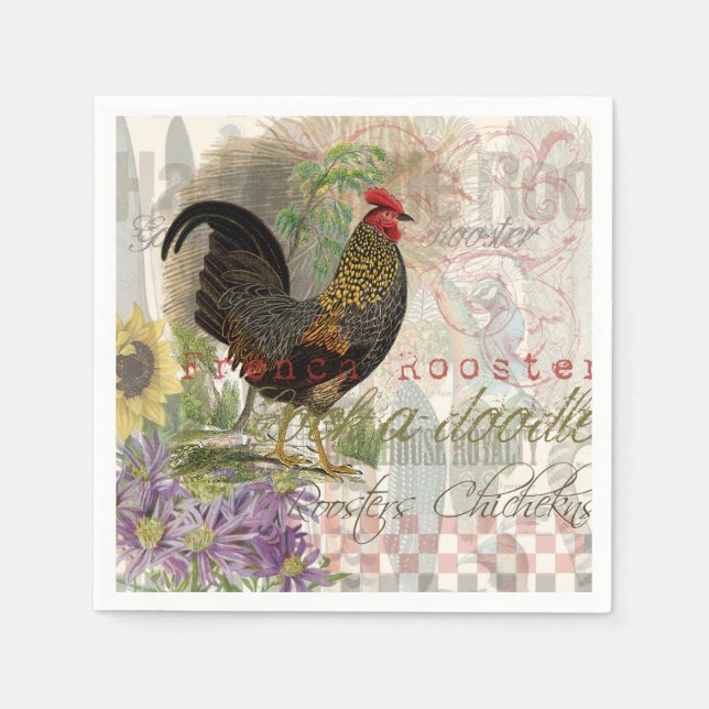 Vintage Rooster French Collage Farm Pet Napkins (Front)