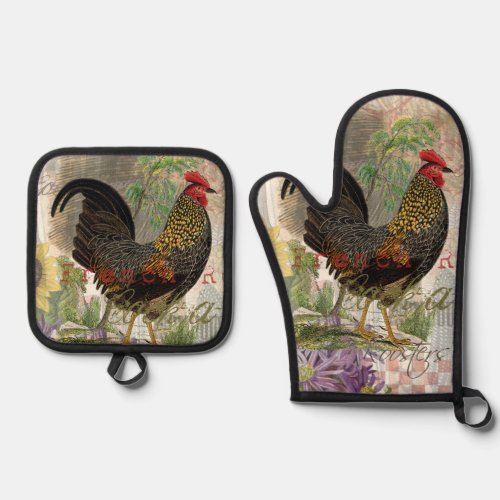 Vintage Rooster French Collage Farm Pet Oven Mitt  Pot Holder Set