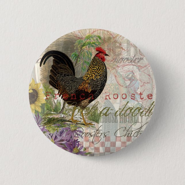 Vintage Rooster French Collage Farm Pet Pinback Button (Front)