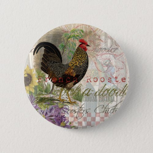 Vintage Rooster French Collage Farm Pet Pinback Button