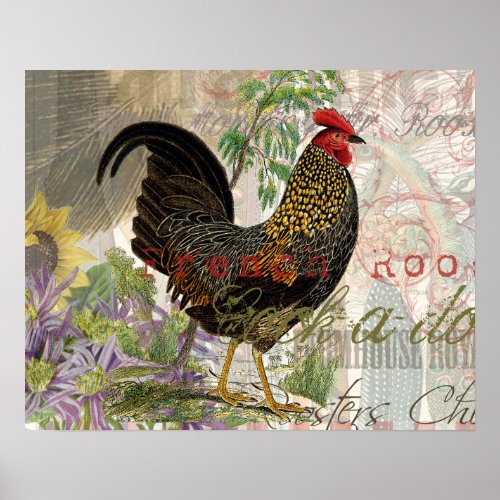 Vintage Rooster French Collage Farm Pet Poster