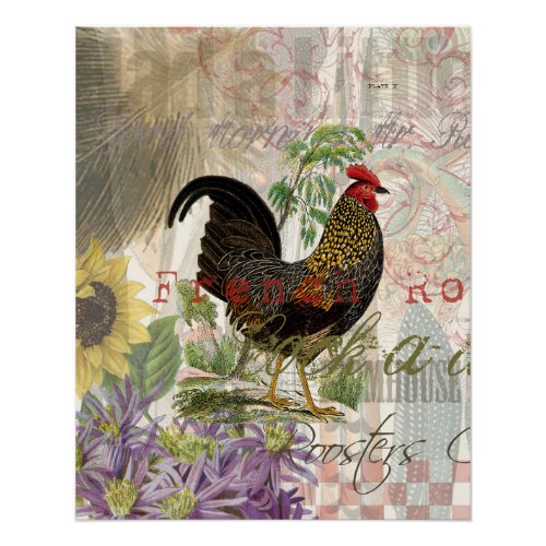 Vintage Rooster French Collage Farm Pet Poster