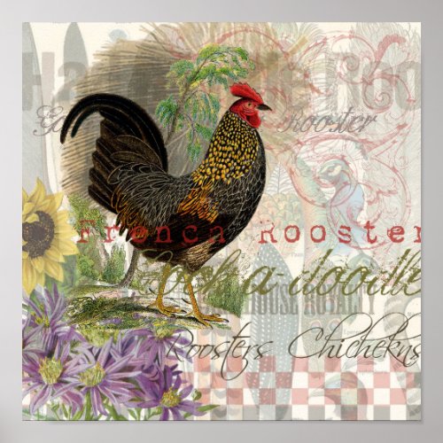 Vintage Rooster French Collage Farm Pet Poster