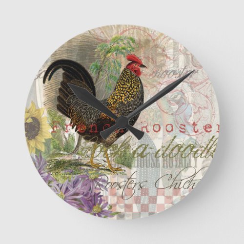 Vintage Rooster French Collage Farm Pet Round Clock