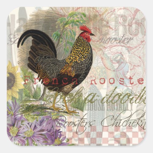 Vintage Rooster French Collage Farm Pet Square Sticker