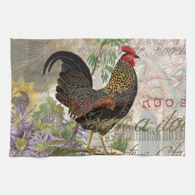 Vintage Rooster French Collage Farm Pet Towel (Horizontal)