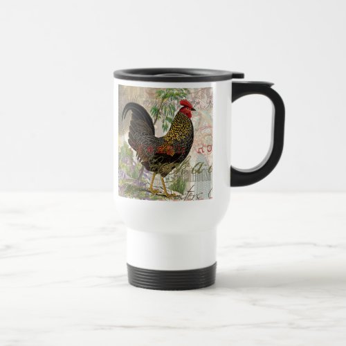 Vintage Rooster French Collage Farm Pet Travel Mug