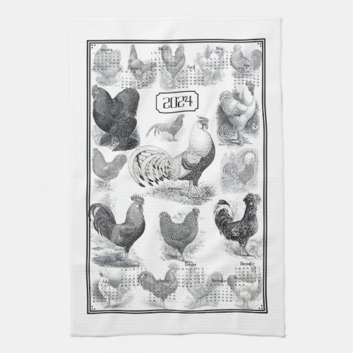 Vintage Rooster Full Year 2024 Calendar Kitchen Towel