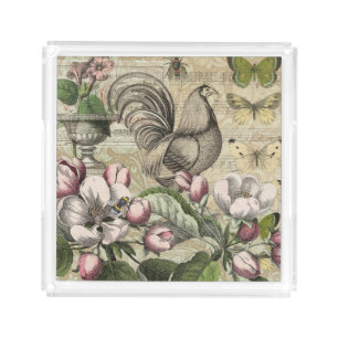 Vintage Rooster Garden Collage Art: French Country Acrylic Tray
