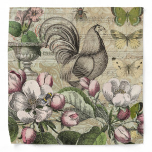 Vintage Rooster Garden Collage Art: French Country Bandana