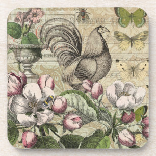 Vintage Rooster Garden Collage Art: French Country Beverage Coaster