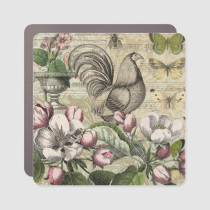 Vintage Rooster Garden Collage Art: French Country Car Magnet