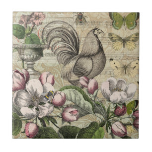 Vintage Rooster Garden Collage Art: French Country Ceramic Tile