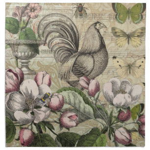 Vintage Rooster Garden Collage Art: French Country Cloth Napkin