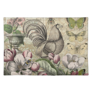 Vintage Rooster Garden Collage Art: French Country Cloth Placemat
