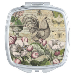 Vintage Rooster Garden Collage Art: French Country Compact Mirror