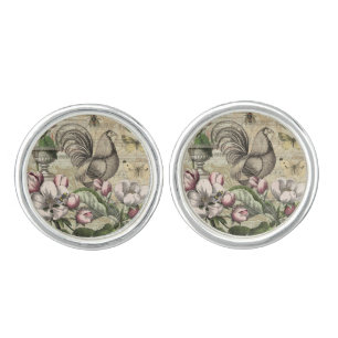 Vintage Rooster Garden Collage Art: French Country Cufflinks