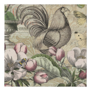 Vintage Rooster Garden Collage Art: French Country Faux Canvas Print