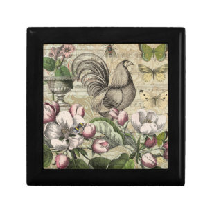 Vintage Rooster Garden Collage Art: French Country Gift Box