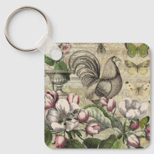 Vintage Rooster Garden Collage Art: French Country Keychain