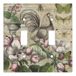 Vintage Rooster Garden Collage Art: French Country Light Switch Cover
