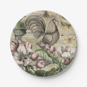 Vintage Rooster Garden Collage Art: French Country Paper Plates