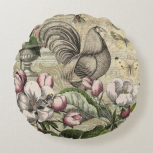 Vintage Rooster Garden Collage Art: French Country Round Pillow