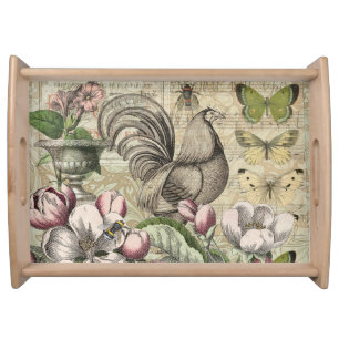 Vintage Rooster Garden Collage Art: French Country Serving Tray