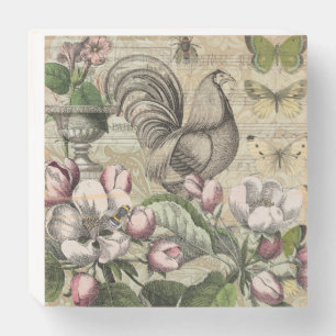 Vintage Rooster Garden Collage Art: French Country Wooden Box Sign