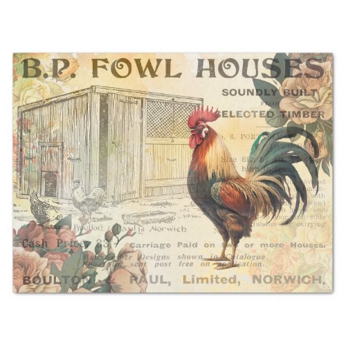 Vintage Rooster Hen House Advert Decoupage Tissue Paper