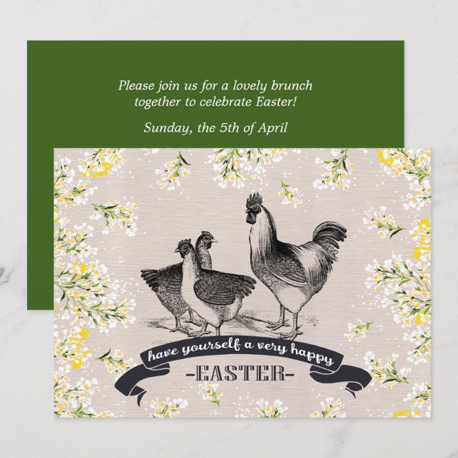 Vintage Rooster & Hens Easter Brunch  Invitation (Front/Back)