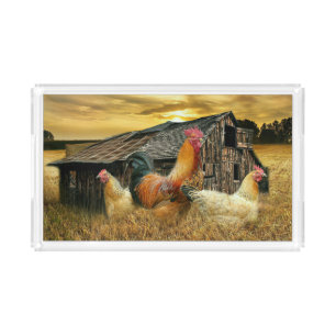Vintage Rooster Hens Rustic Barn Coop Acrylic Tray