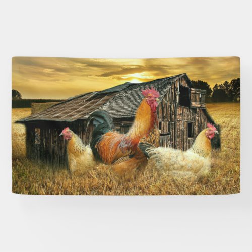 Vintage Rooster Hens Rustic Barn Coop Banner
